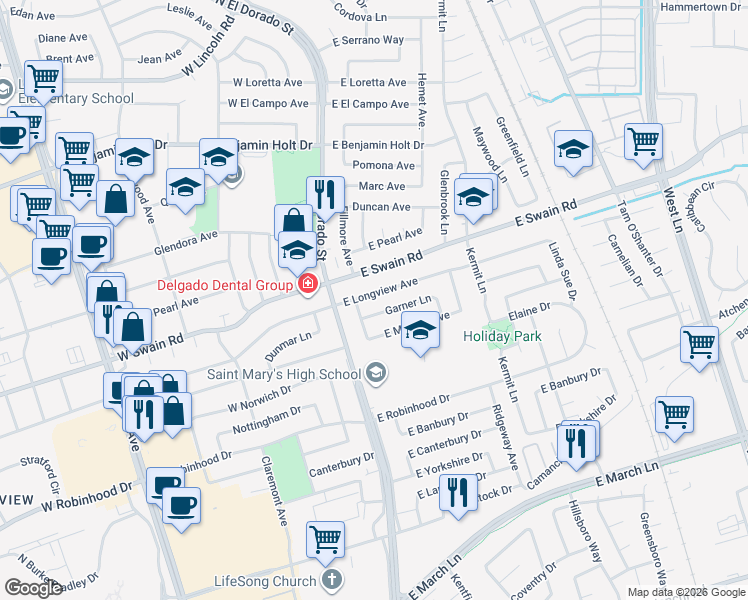 map of restaurants, bars, coffee shops, grocery stores, and more near 212 East Longview Avenue in Stockton