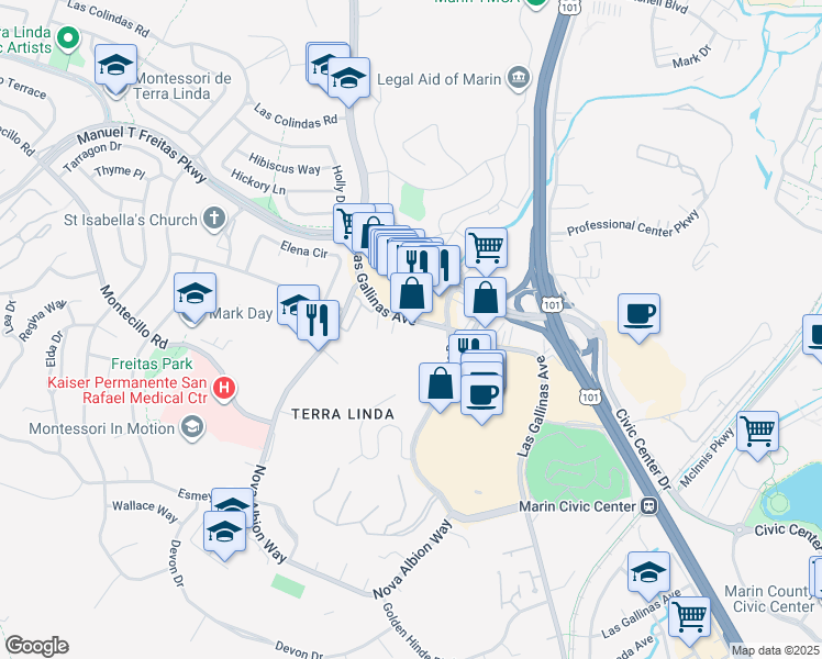 map of restaurants, bars, coffee shops, grocery stores, and more near 825 Las Gallinas Avenue in San Rafael