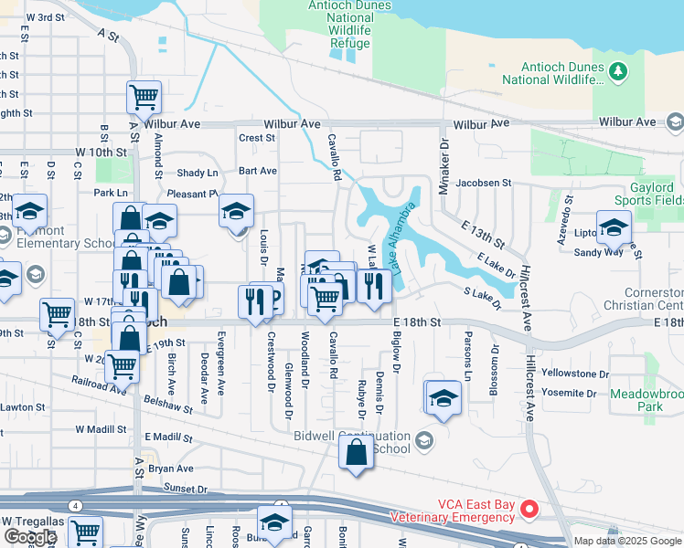 map of restaurants, bars, coffee shops, grocery stores, and more near 1625 Cavallo Road in Antioch