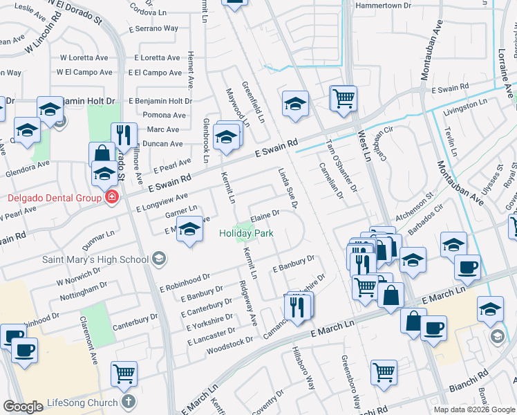 map of restaurants, bars, coffee shops, grocery stores, and more near 719 East Mayfair Avenue in Stockton