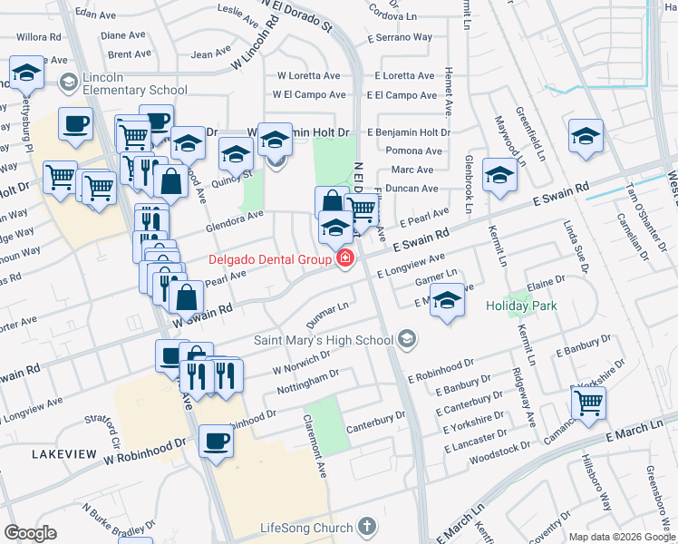 map of restaurants, bars, coffee shops, grocery stores, and more near 8 West Swain Road in Stockton