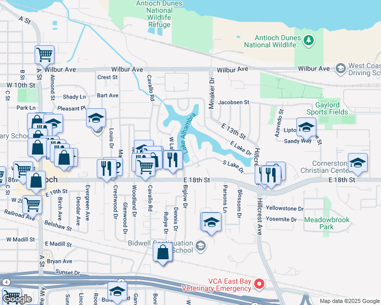 map of restaurants, bars, coffee shops, grocery stores, and more near 7 Alhambra Court in Antioch