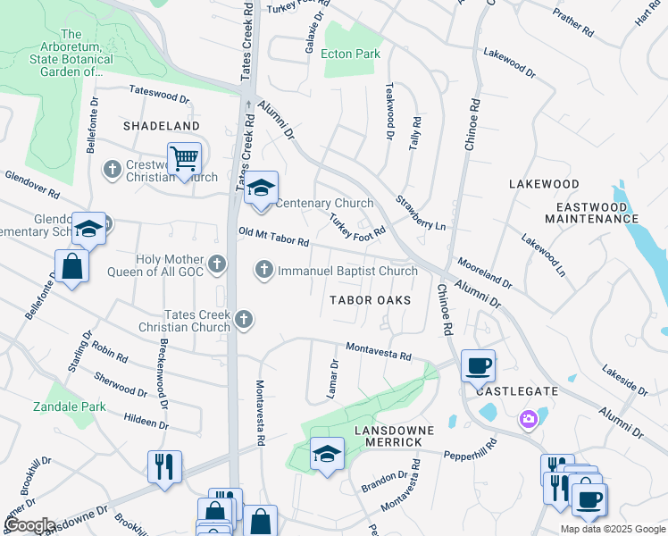 map of restaurants, bars, coffee shops, grocery stores, and more near 1201 Walkers Way in Lexington