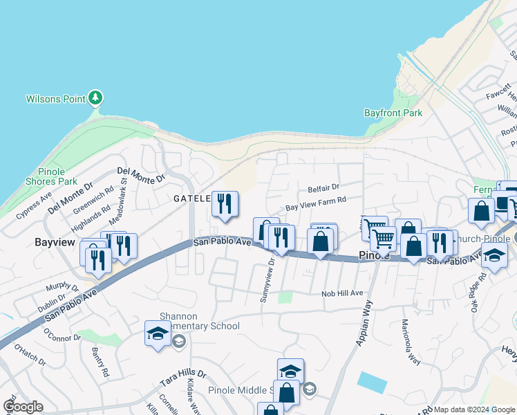 map of restaurants, bars, coffee shops, grocery stores, and more near 580 Sunnyview Drive in Pinole