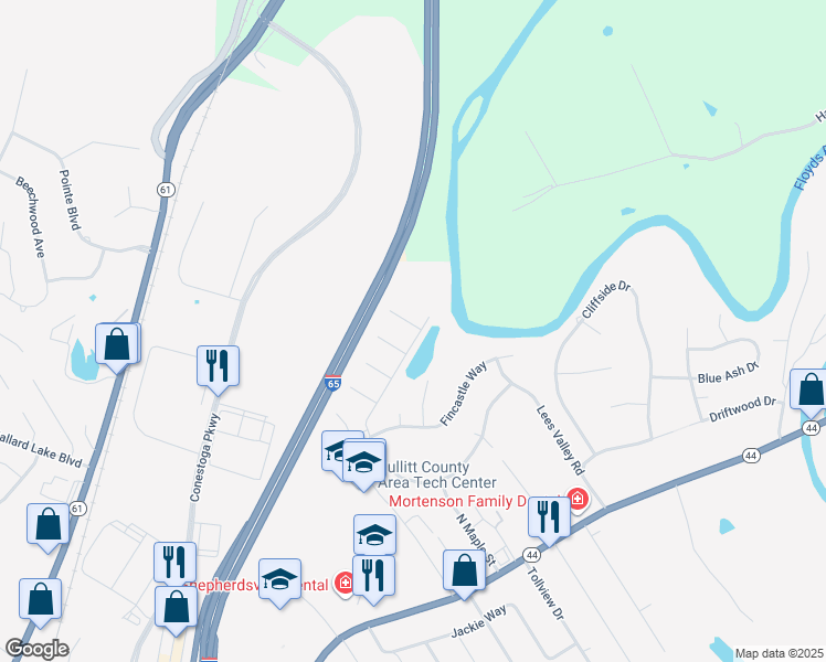 map of restaurants, bars, coffee shops, grocery stores, and more near 107 Seneca Court in Shepherdsville