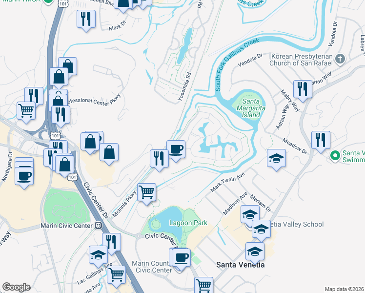 map of restaurants, bars, coffee shops, grocery stores, and more near 12 Mariners Circle in San Rafael