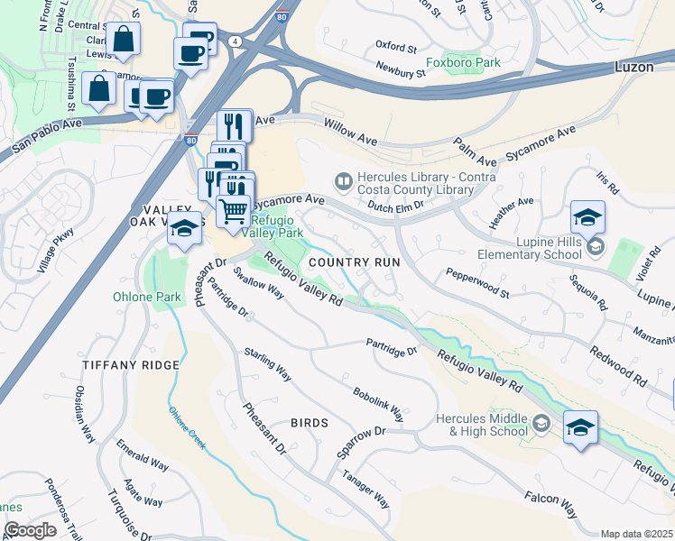 map of restaurants, bars, coffee shops, grocery stores, and more near 167 Wadi Run in Hercules