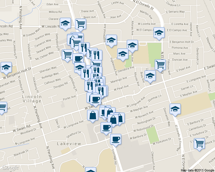 map of restaurants, bars, coffee shops, grocery stores, and more near 526 Marengo Avenue in Stockton