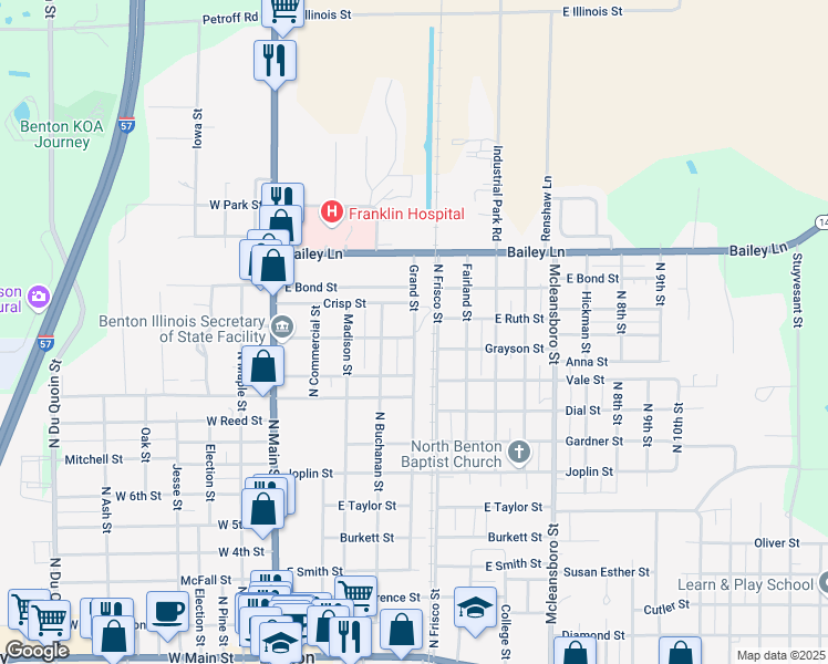 map of restaurants, bars, coffee shops, grocery stores, and more near 1001 Grand Street in Benton