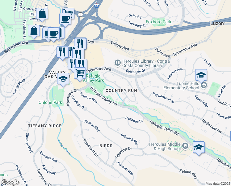 map of restaurants, bars, coffee shops, grocery stores, and more near 167 Wadi Run in Hercules