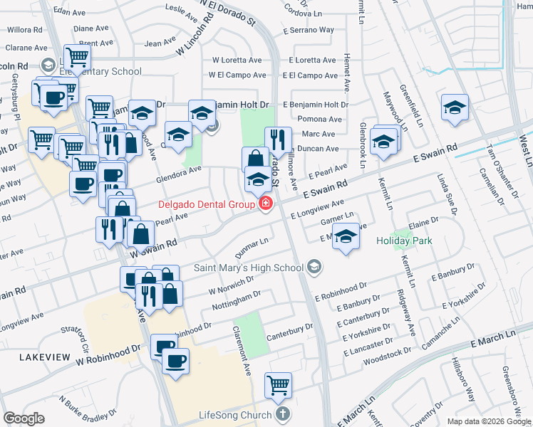 map of restaurants, bars, coffee shops, grocery stores, and more near 8 West Swain Road in Stockton