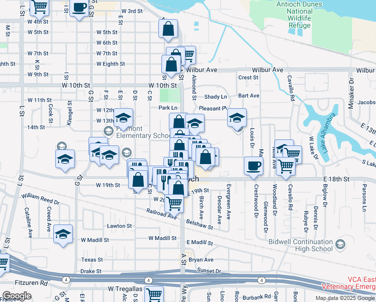 map of restaurants, bars, coffee shops, grocery stores, and more near 1518 A Street in Antioch