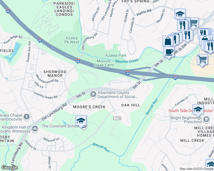 map of restaurants, bars, coffee shops, grocery stores, and more near 405 Afton Pond Court in Charlottesville