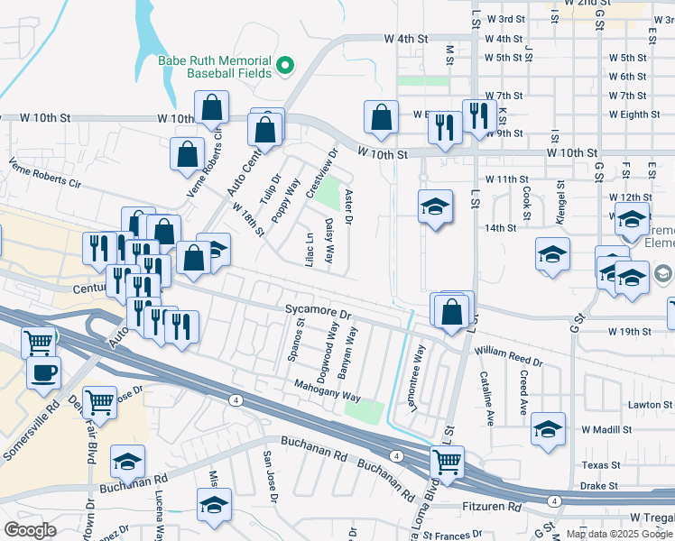 map of restaurants, bars, coffee shops, grocery stores, and more near 1724 Daisy Way in Antioch