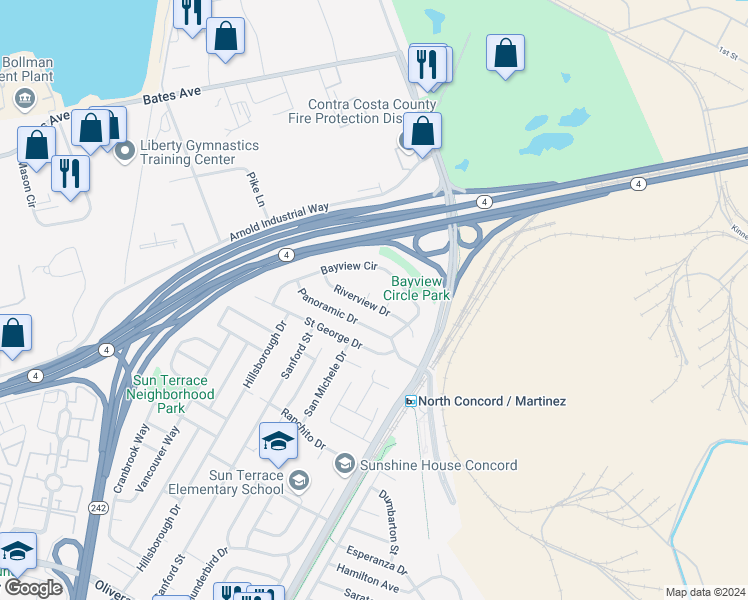 map of restaurants, bars, coffee shops, grocery stores, and more near 3855 Riverview Court in Concord