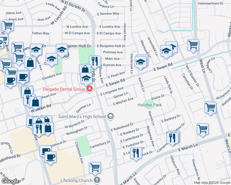 map of restaurants, bars, coffee shops, grocery stores, and more near 217 East Longview Avenue in Stockton