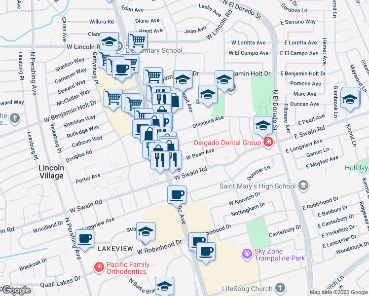 map of restaurants, bars, coffee shops, grocery stores, and more near 526 Marengo Avenue in Stockton