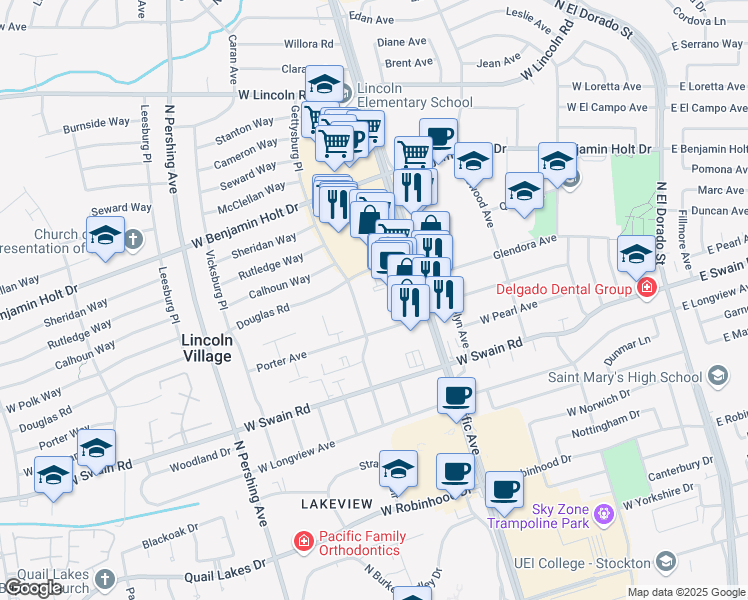 map of restaurants, bars, coffee shops, grocery stores, and more near 6250 Gettysburg Place in Stockton
