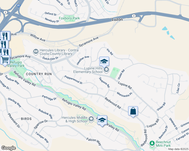 map of restaurants, bars, coffee shops, grocery stores, and more near 1905 Lupine Road in Hercules