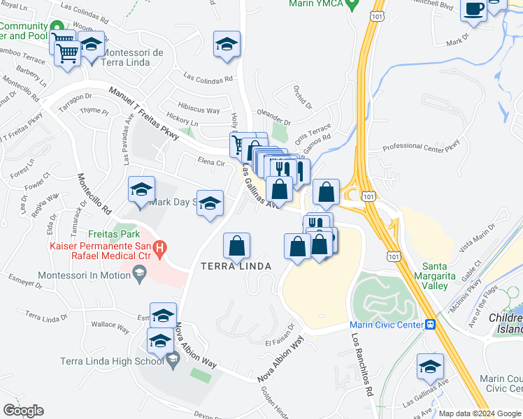 map of restaurants, bars, coffee shops, grocery stores, and more near 845 Las Gallinas Avenue in San Rafael