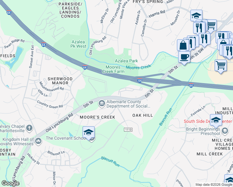map of restaurants, bars, coffee shops, grocery stores, and more near 405 Afton Pond Court in Charlottesville