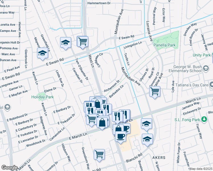 map of restaurants, bars, coffee shops, grocery stores, and more near 5761 Caribbean Circle in Stockton