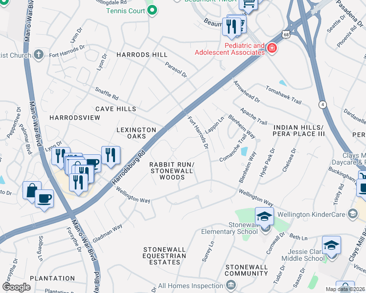 map of restaurants, bars, coffee shops, grocery stores, and more near 3505 Rabbits Foot Trail in Lexington