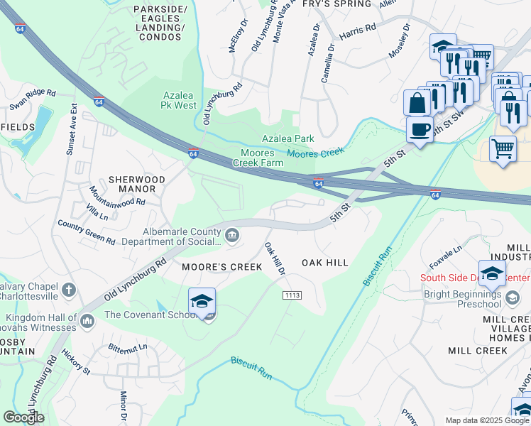 map of restaurants, bars, coffee shops, grocery stores, and more near 411 Afton Pond Court in Charlottesville