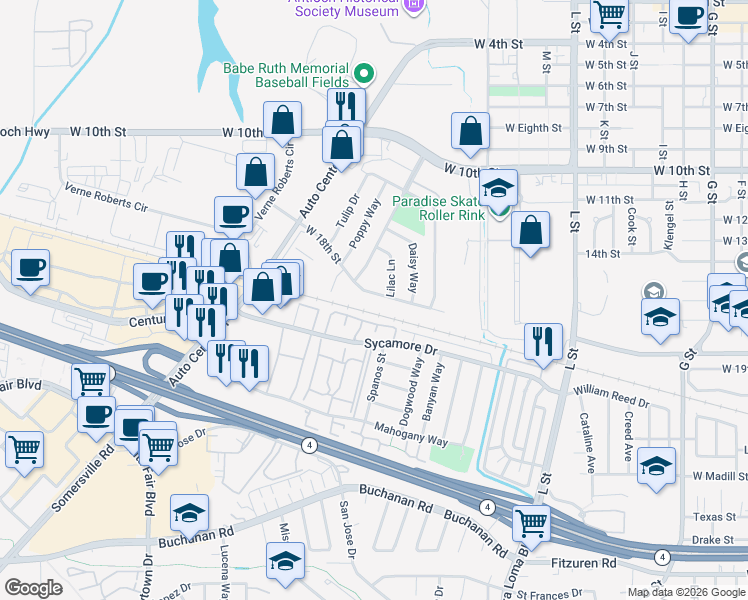 map of restaurants, bars, coffee shops, grocery stores, and more near 1405 West 18th Street in Antioch
