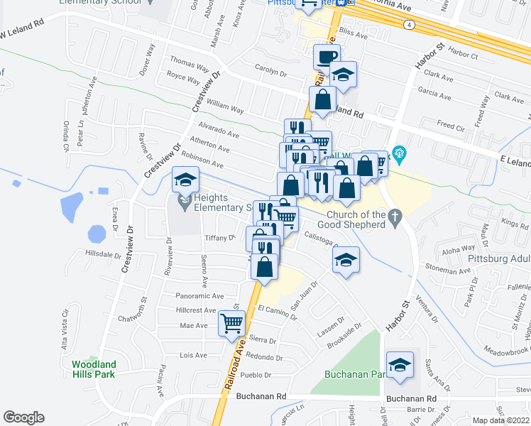 map of restaurants, bars, coffee shops, grocery stores, and more near 186 Madoline Street in Pittsburg