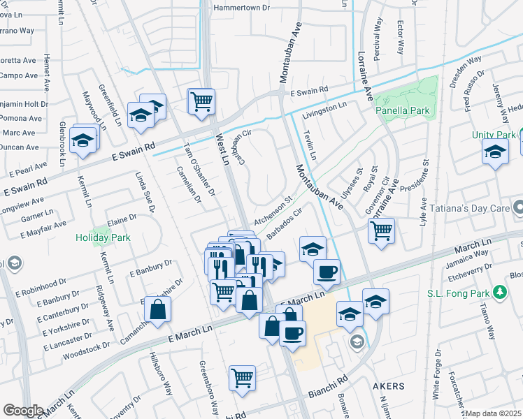 map of restaurants, bars, coffee shops, grocery stores, and more near 5761 Caribbean Circle in Stockton