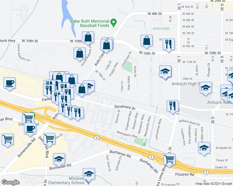 map of restaurants, bars, coffee shops, grocery stores, and more near 1405 West 18th Street in Antioch