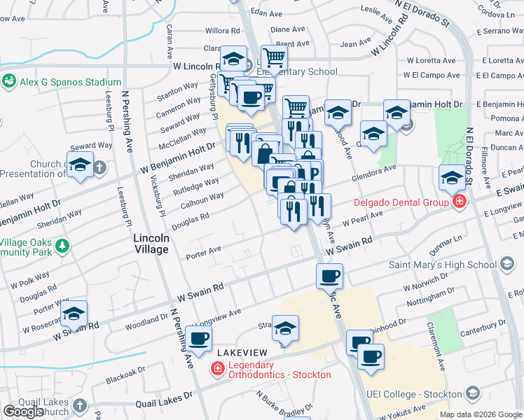 map of restaurants, bars, coffee shops, grocery stores, and more near 6250 Gettysburg Place in Stockton