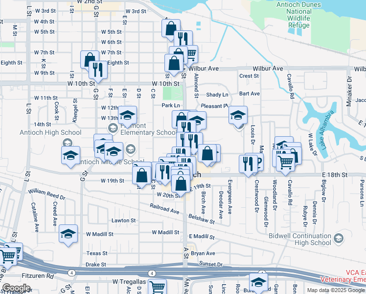 map of restaurants, bars, coffee shops, grocery stores, and more near 1518 A Street in Antioch