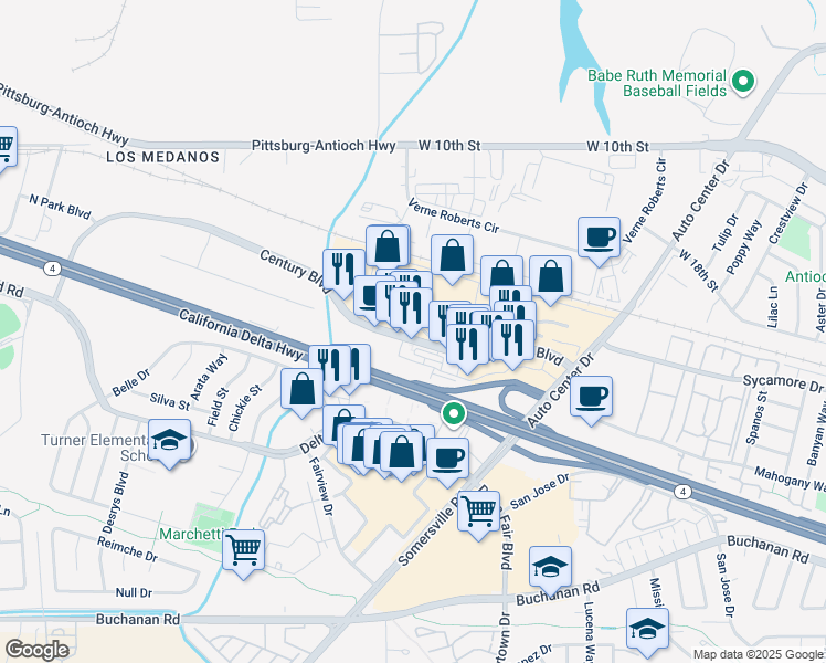 map of restaurants, bars, coffee shops, grocery stores, and more near 4285 Century Boulevard in Pittsburg