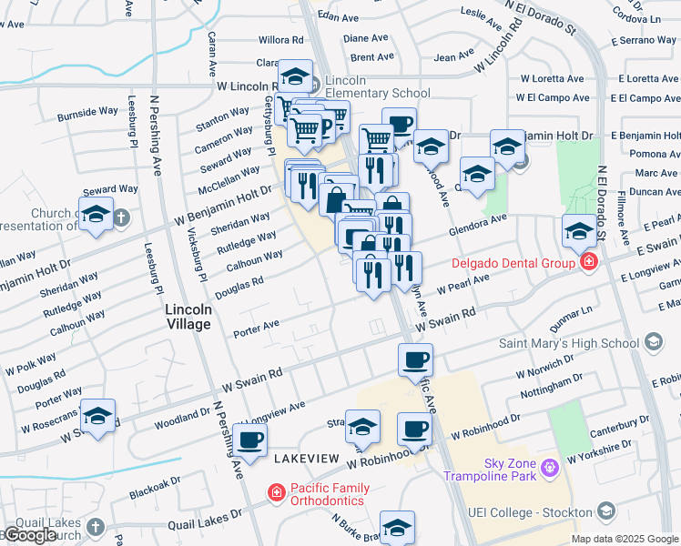 map of restaurants, bars, coffee shops, grocery stores, and more near 6248 North Gettysburg Place in Stockton