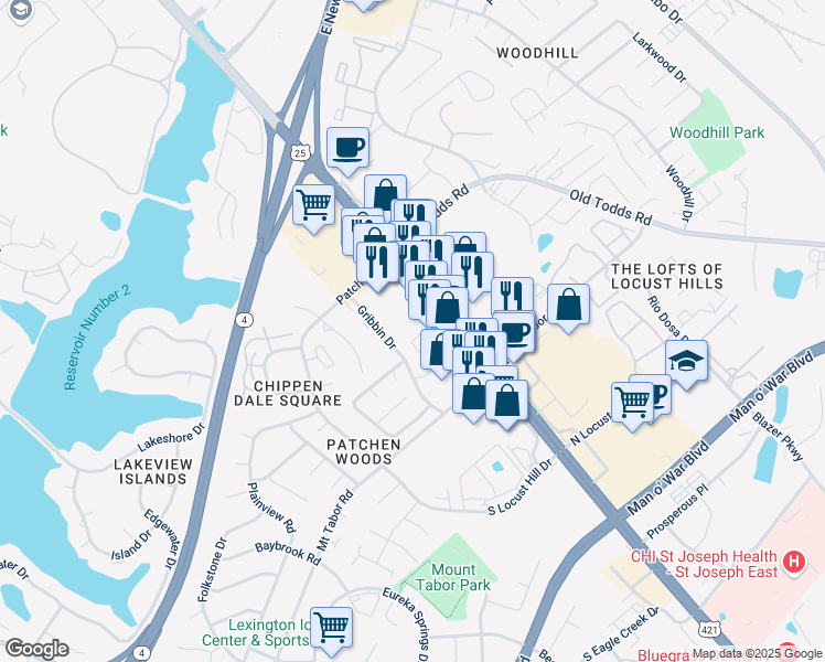map of restaurants, bars, coffee shops, grocery stores, and more near Richmond Srd in Lexington