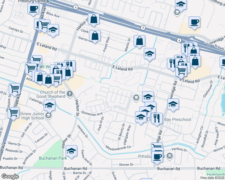 map of restaurants, bars, coffee shops, grocery stores, and more near 131 Banyon Drive in Pittsburg
