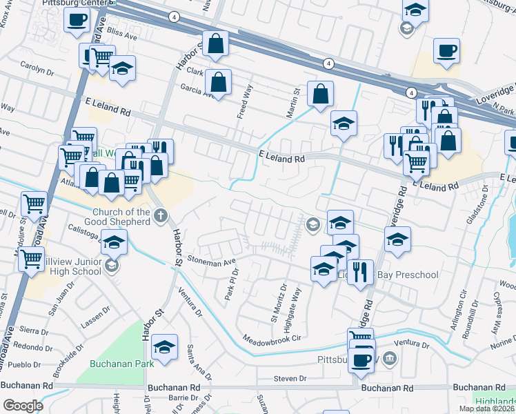 map of restaurants, bars, coffee shops, grocery stores, and more near 131 Banyon Drive in Pittsburg