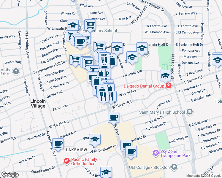 map of restaurants, bars, coffee shops, grocery stores, and more near 6243 Evelyn Avenue in Stockton