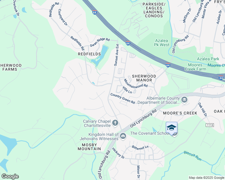 map of restaurants, bars, coffee shops, grocery stores, and more near 1343 Villa Way in Charlottesville