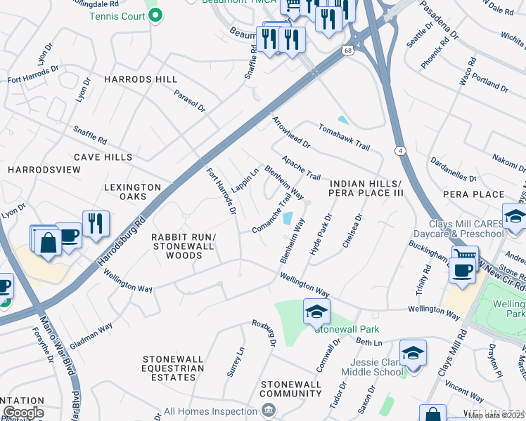 map of restaurants, bars, coffee shops, grocery stores, and more near 805 Quarter Horse Court in Lexington