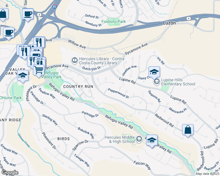 map of restaurants, bars, coffee shops, grocery stores, and more near 139 Pepperwood Street in Hercules