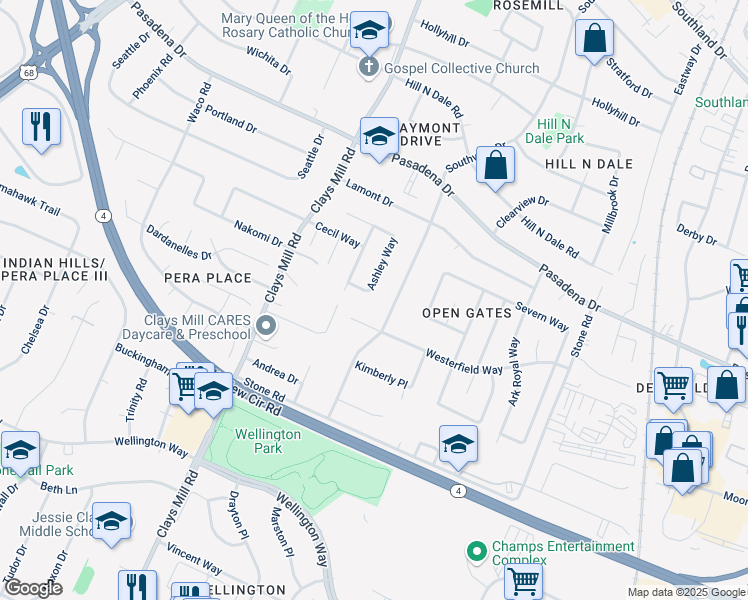 map of restaurants, bars, coffee shops, grocery stores, and more near 493 Ashley Way in Lexington