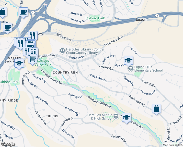 map of restaurants, bars, coffee shops, grocery stores, and more near 139 Pepperwood Street in Hercules