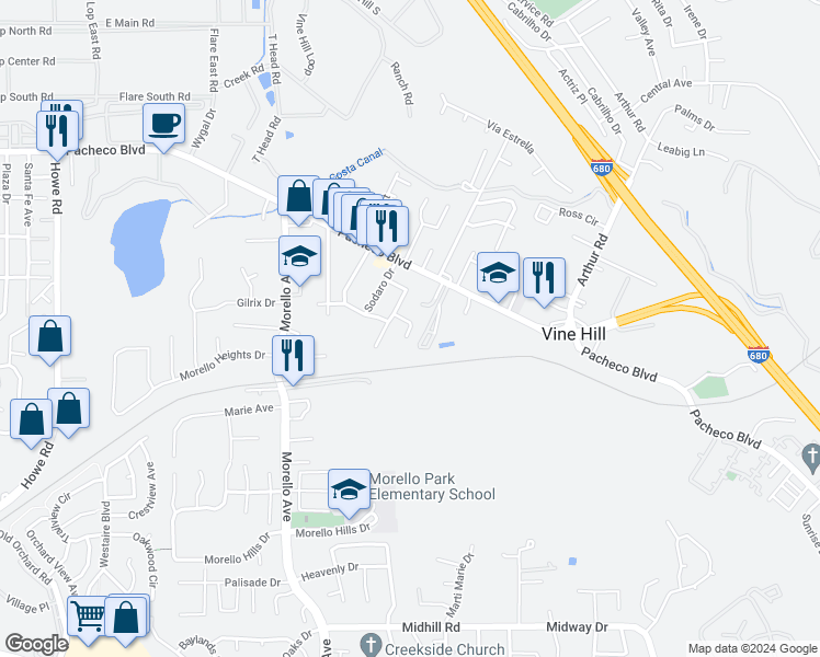 map of restaurants, bars, coffee shops, grocery stores, and more near 3898 Mac Murtry Court in Martinez