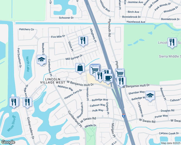map of restaurants, bars, coffee shops, grocery stores, and more near 3216 Blue Ridge Circle in Stockton