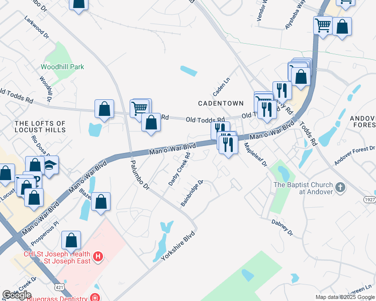 map of restaurants, bars, coffee shops, grocery stores, and more near 503 Darby Creek Road in Lexington