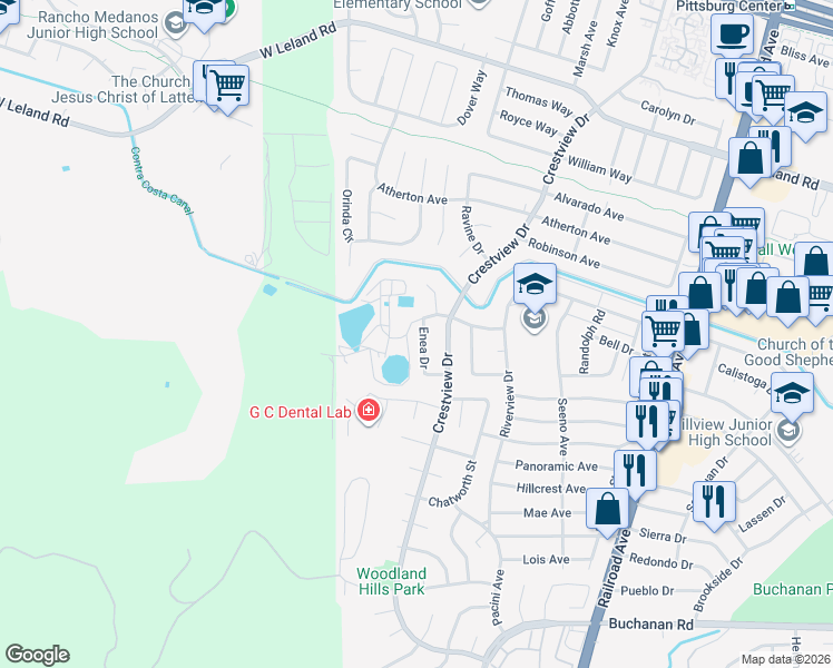map of restaurants, bars, coffee shops, grocery stores, and more near 3718 Enea Drive in Pittsburg