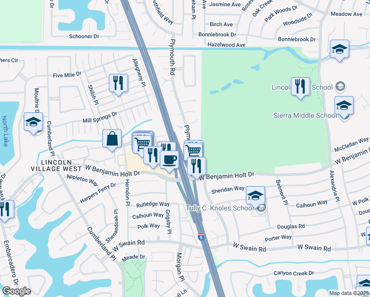 map of restaurants, bars, coffee shops, grocery stores, and more near 388 Plymouth Road in Stockton